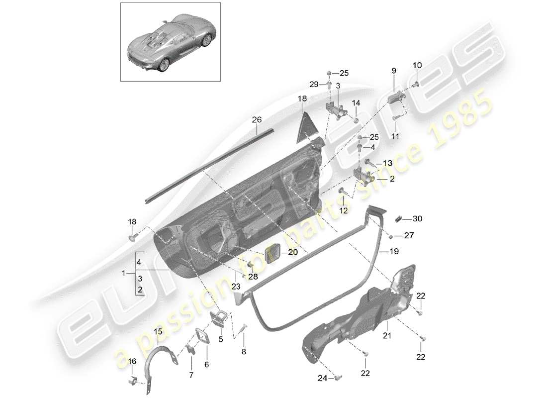 porsche 918 spyder (2015) diagrama de piezas de la puerta