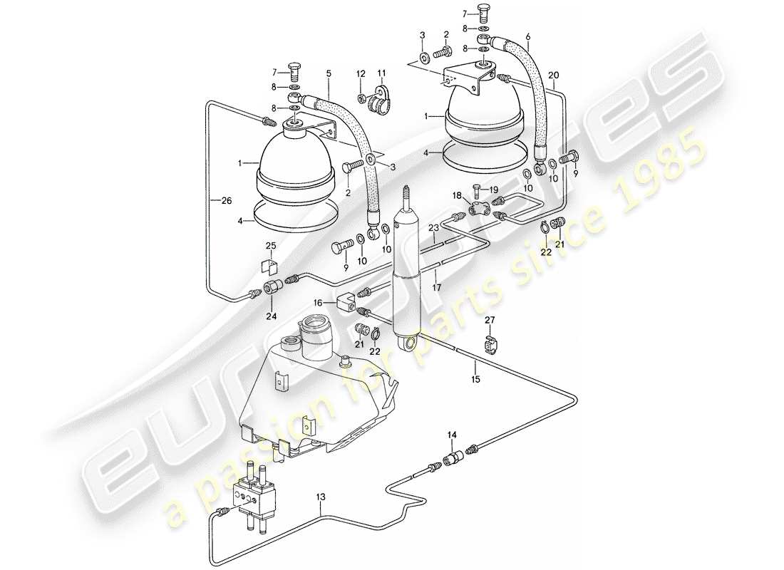 porsche 1988 (959) sistema autonivelante - líneas diagrama de piezas