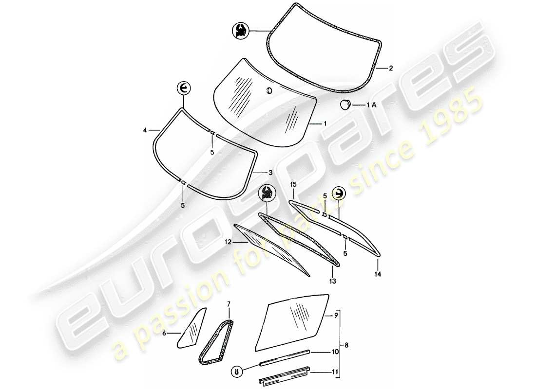 porsche 1983 (911) acristalamiento de ventanas diagrama de piezas