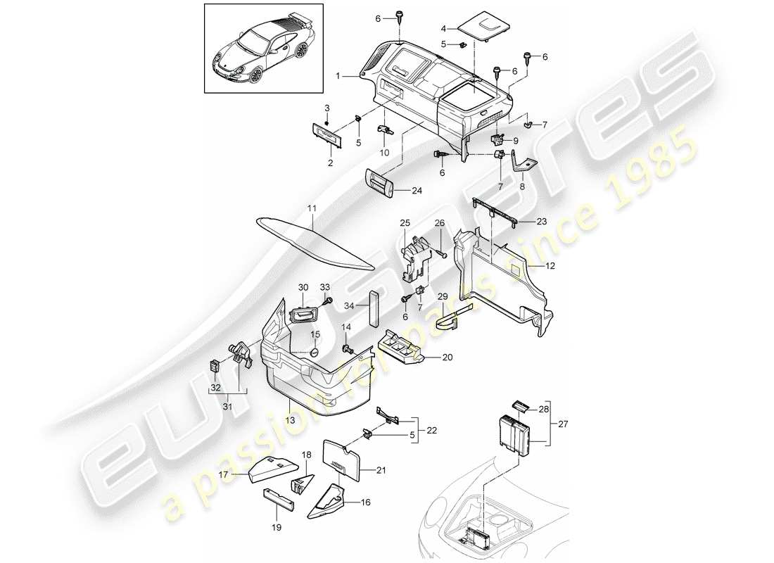 porsche 997 gt3 (2009) diagrama de piezas del compartimiento de equipaje