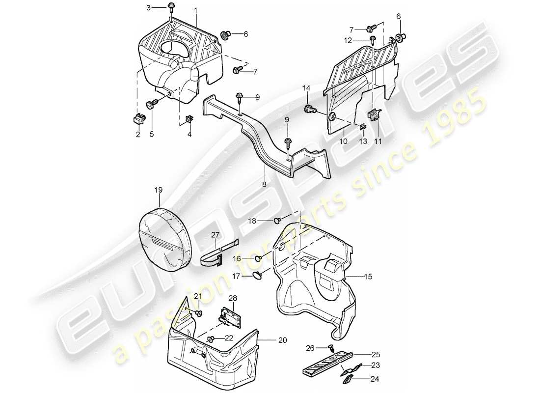 porsche 2005 (996 turbo / gt2) compartimiento de equipaje diagrama de piezas