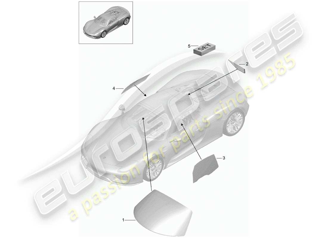 porsche 2015 (918 spyder) diagrama de piezas de ventanas