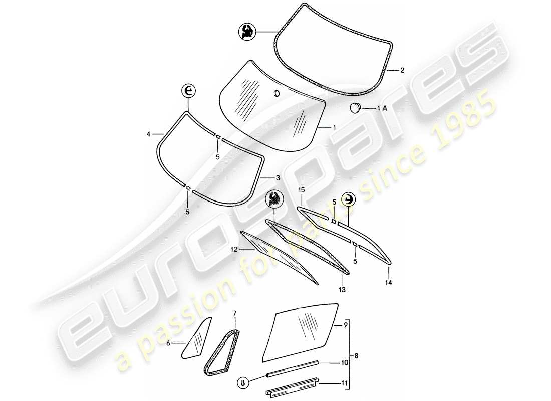 porsche 1984 (911) acristalamiento de ventanas diagrama de piezas