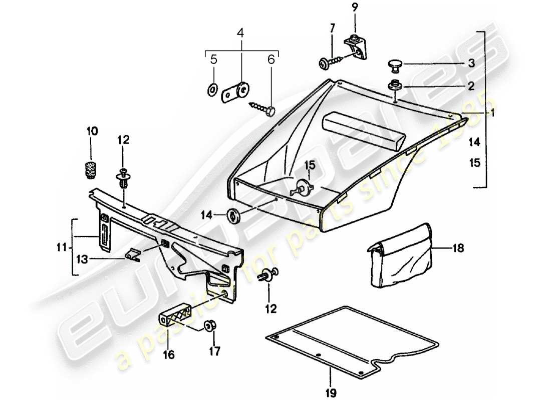 porsche 1994 (993) equipamiento interior - maletero delantero diagrama de piezas