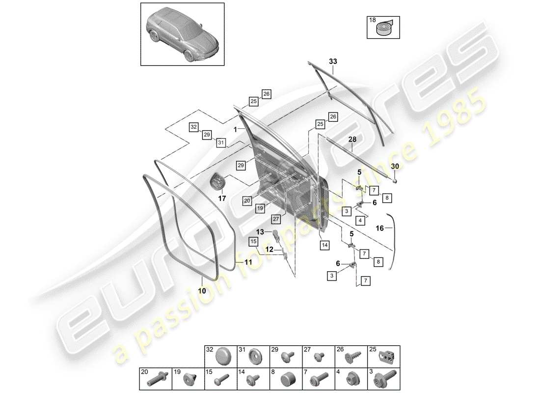 porsche 2020 (cayenne e3 9ya/9yb) diagrama de piezas de la carcasa de la puerta
