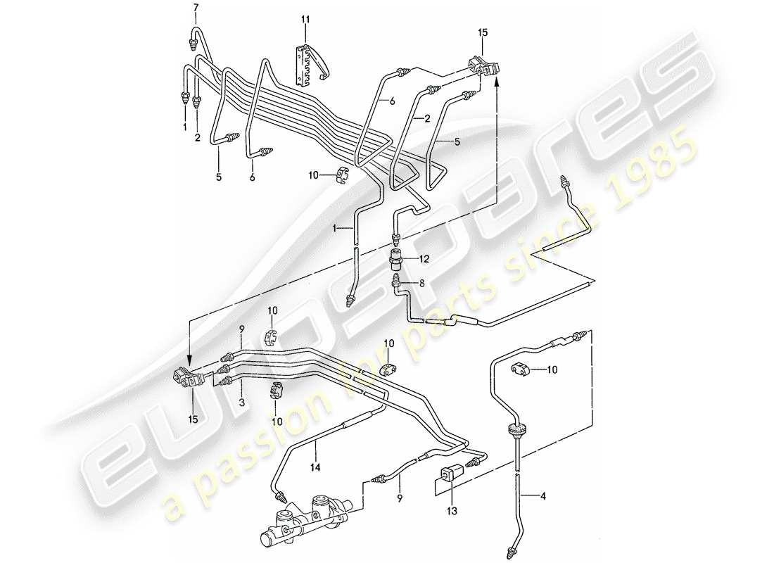 porsche 1990 (944) líneas de freno - sistema de freno antibloqueo -abdominales- diagrama de piezas