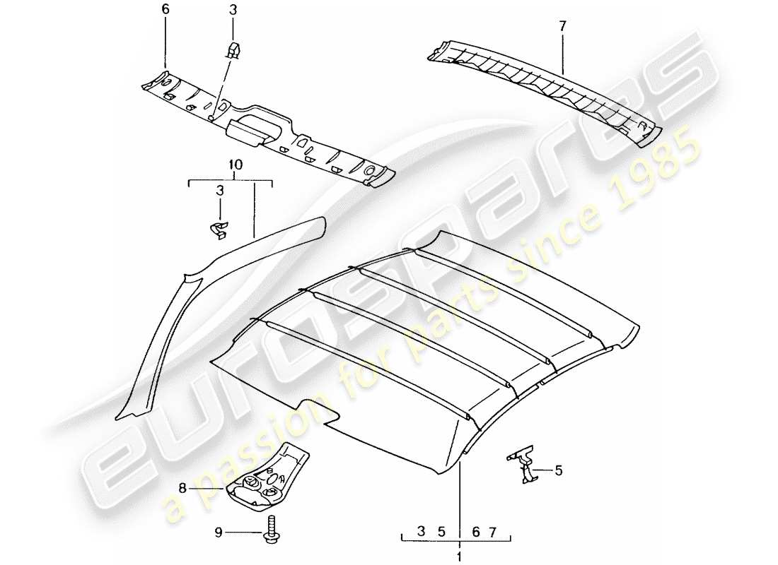 porsche 2002 (996 gt3) diagrama de piezas del panel de acabado del techo