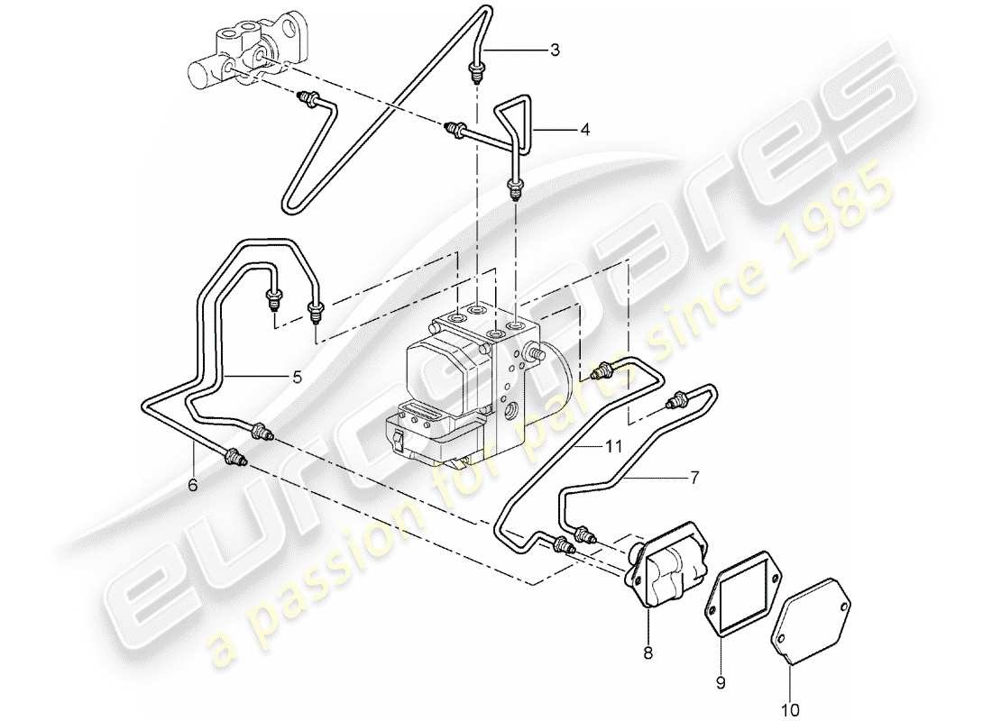 porsche 2001 (996 turbo / gt2) líneas de freno - extremo delantero diagrama de piezas