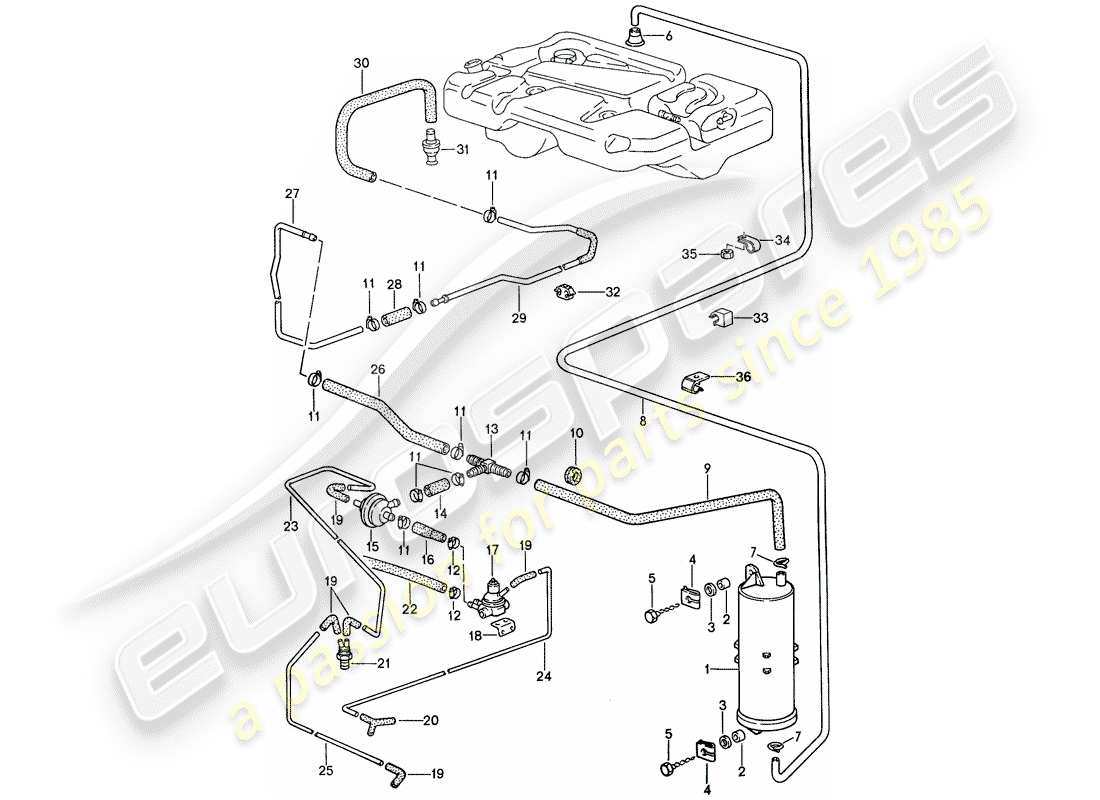 porsche 944 (1990) diagrama de piezas del recipiente de emisiones evaporativas