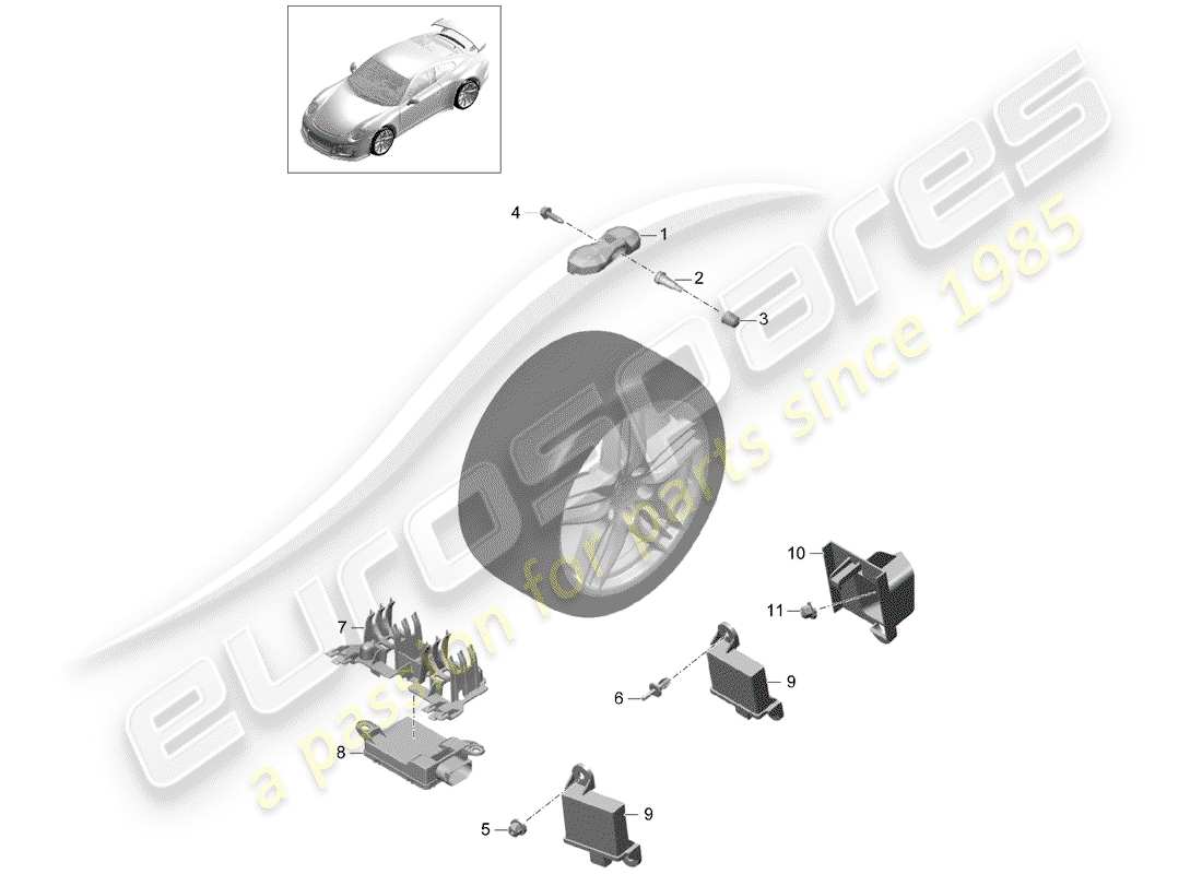 porsche 2017 (991-2 r/gt3/rs) sistema de control de presión de neumáticos diagrama de piezas