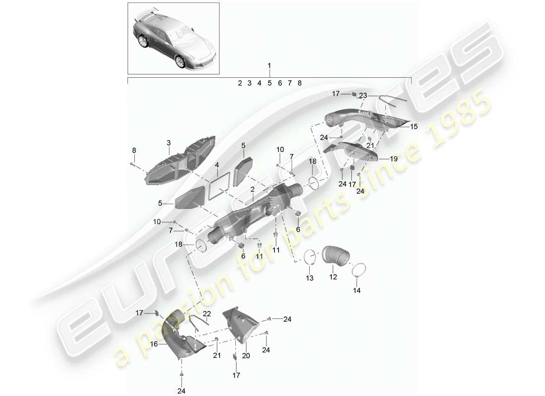 porsche 2017 (991-2 r/gt3/rs) diagrama de piezas del limpiador de aire
