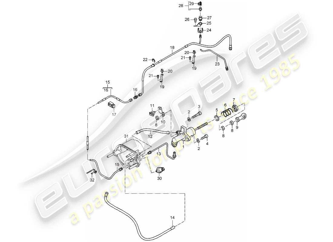 porsche carrera gt (2005) embrague hidráulico - funcionamiento - cilindro maestro del embrague - tubo del embrague hidráulico diagrama de piezas