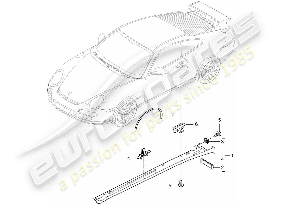 porsche 2011 (997-2 gt3) moldura de larguero diagrama de piezas