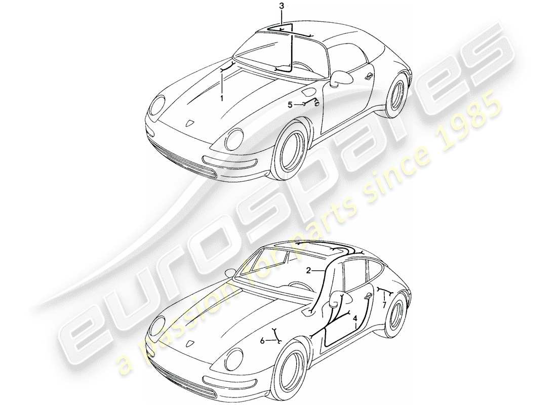 porsche 1994 (993) mazo de cables - luz del maletero - techo solar - mando del capota cabotable - puerta del conductor - puerta del pasajero - repetición de intermitentes - sistema de freno antibloqueo -abs- diagrama de piezas