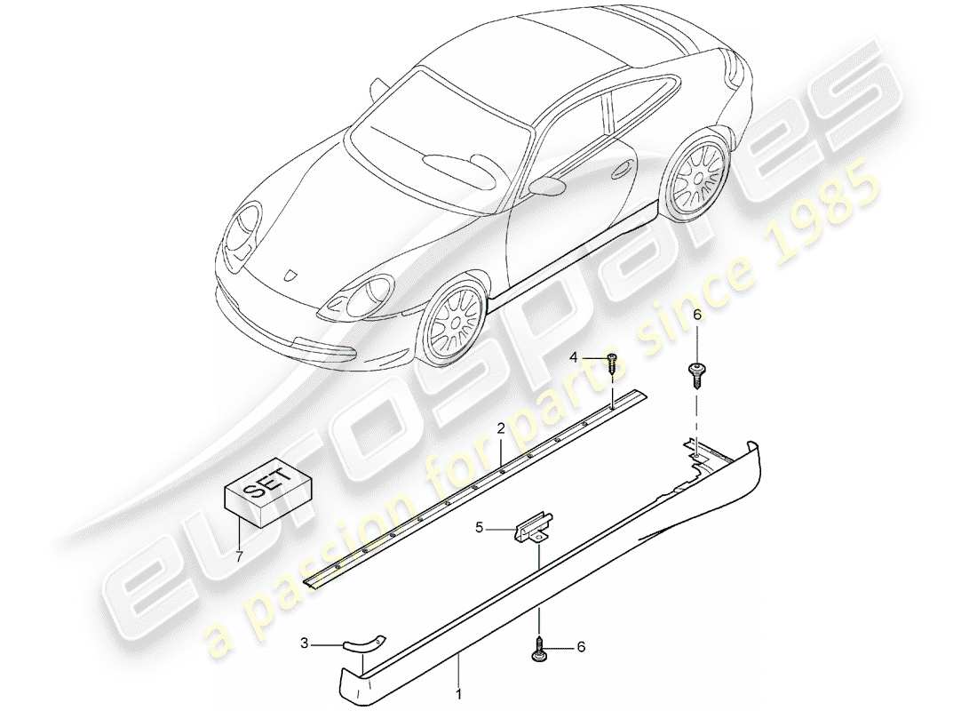 porsche 2005 (996) moldura de larguero diagrama de piezas
