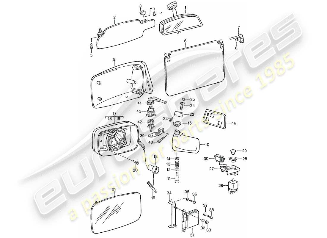 porsche 1990 (928) visera solar - espejo retrovisor interior - espejo retrovisor diagrama de piezas