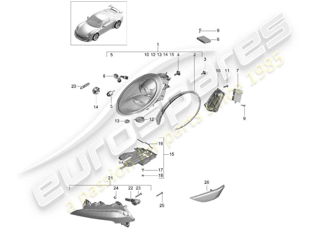 porsche 2017 (991-2 r/gt3/rs) diagrama de piezas del faro