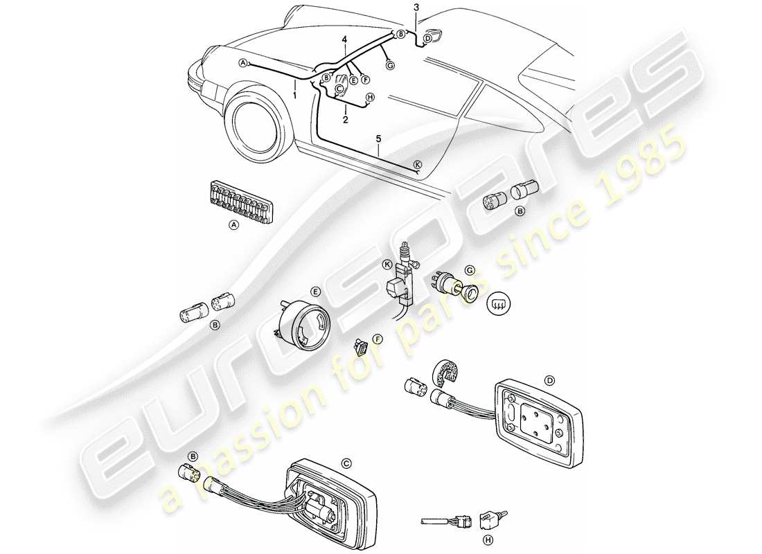 porsche 1984 (911) arneses de cableado - espejo retrovisor - regulable electricamente - sistema de cierre centralizado esquema de piezas
