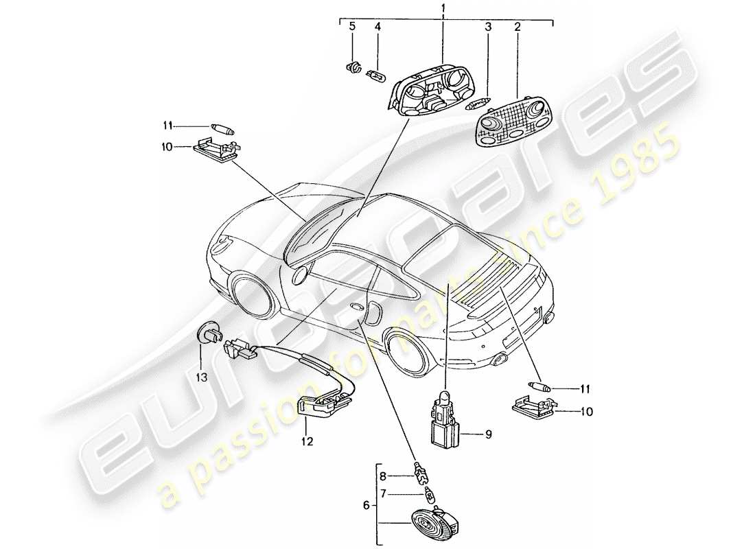porsche 2001 (996 turbo / gt2) luz interior - luz del maletero - luz del compartimiento del motor - luz del espacio para los pies - luz de la guantera - iluminación de la manija de la puerta - apertura interior esquema de piezas
