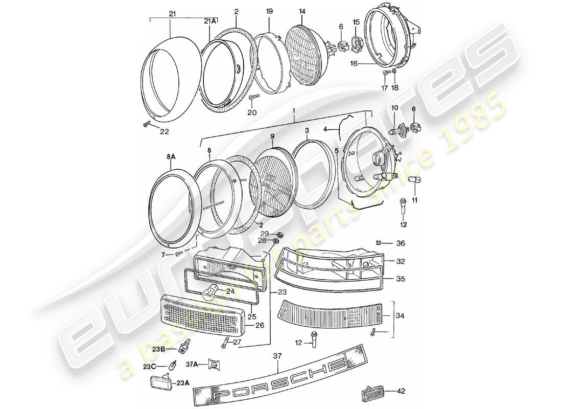 porsche 1981 (911) faro - diagrama de piezas de iluminación