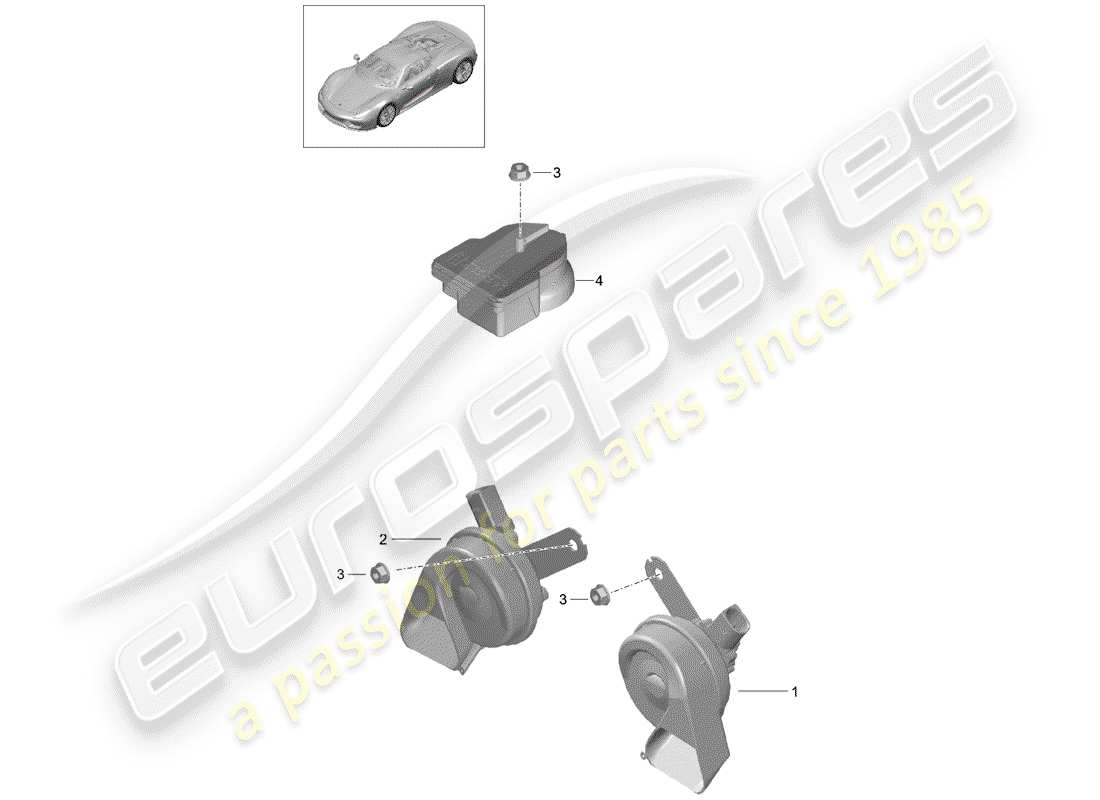 porsche 918 spyder (2015) diagrama de piezas de la bocina de fanfaria