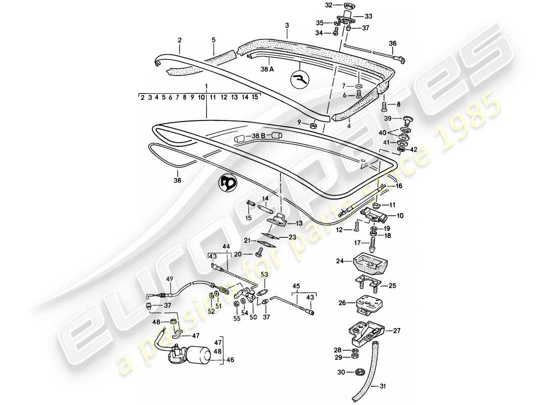 porsche 1982 (944) tapa del maletero trasero - con: - vidrio de la ventana trasera - spoiler trasero diagrama de piezas