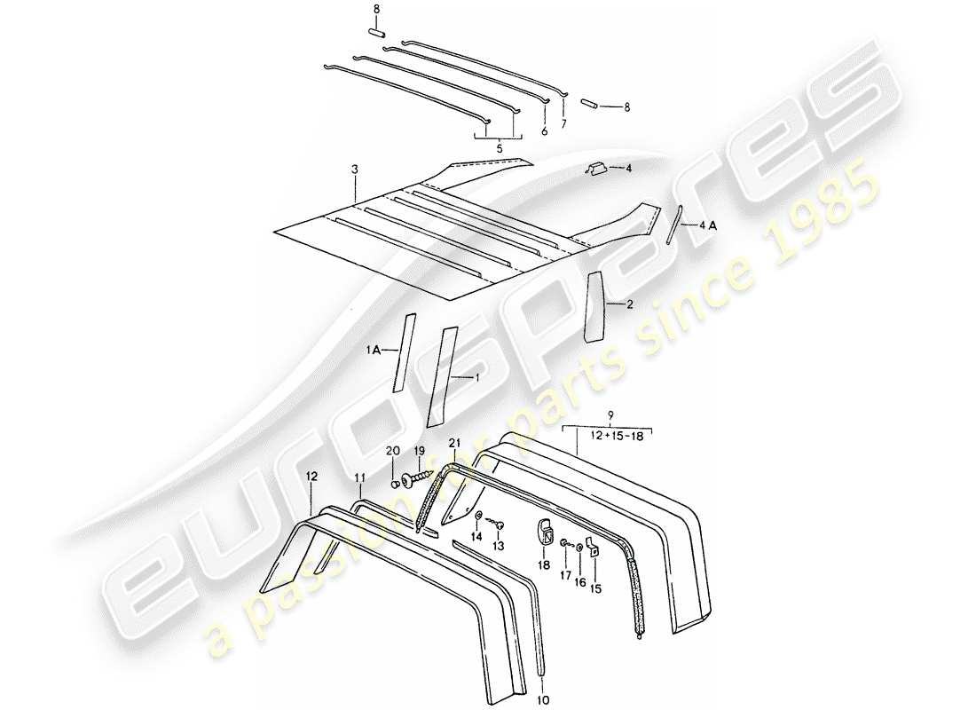 porsche 1992 (964) equipamiento interior - techo - barra antivuelco diagrama de piezas