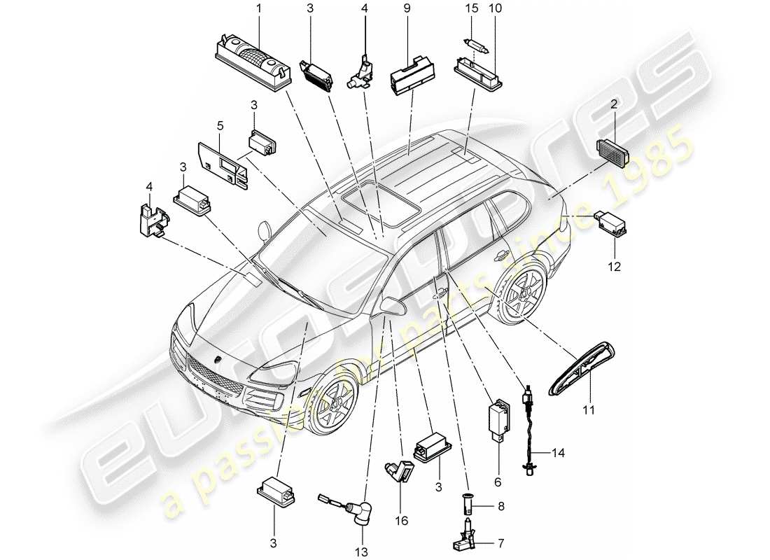 porsche 2008 (cayenne e1 9pa) diagrama de piezas de luces interiores