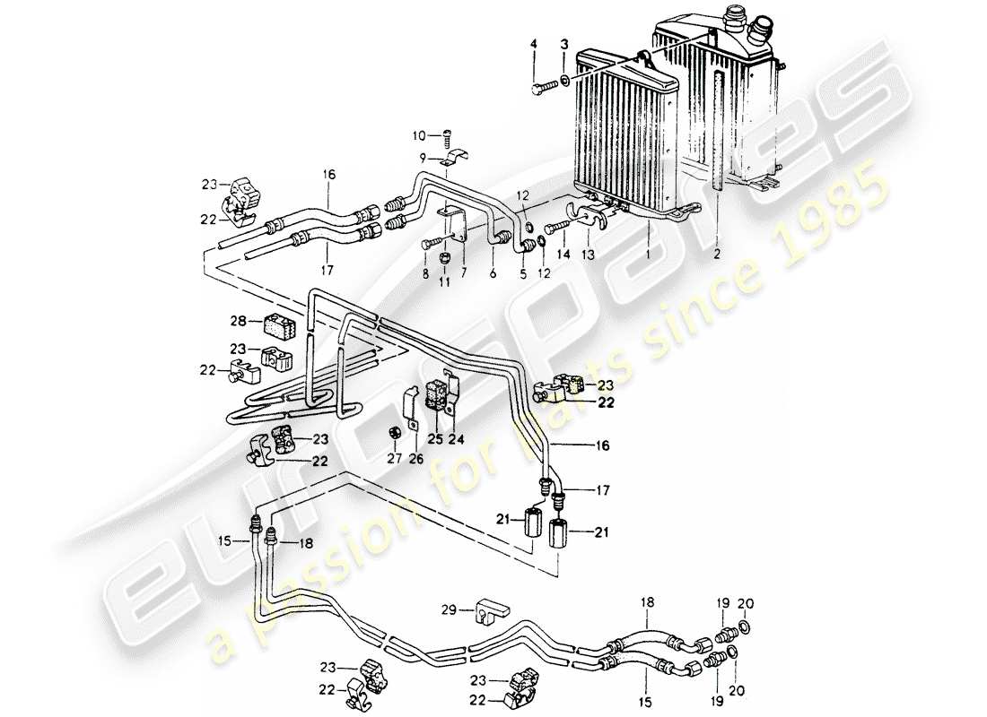 porsche 1989 (964) tiptronic - enfriador atf - líneas atf diagrama de piezas