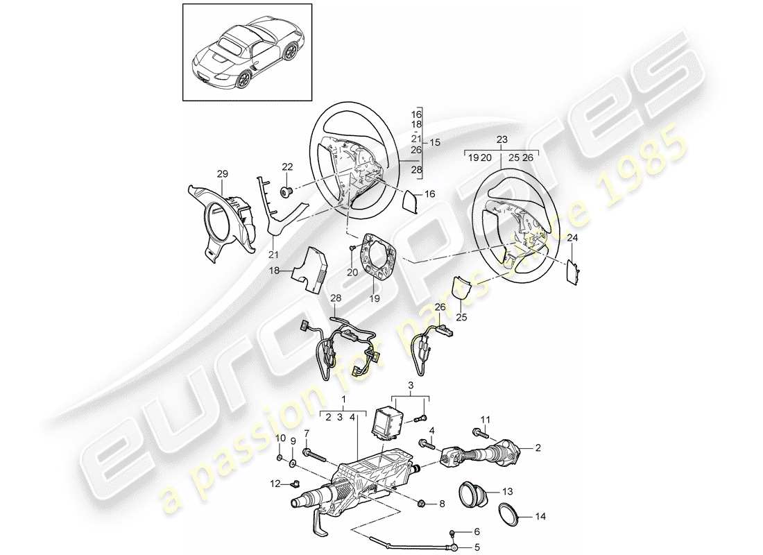 porsche 2011 (987 boxster) diagrama de piezas del tubo protector de dirección