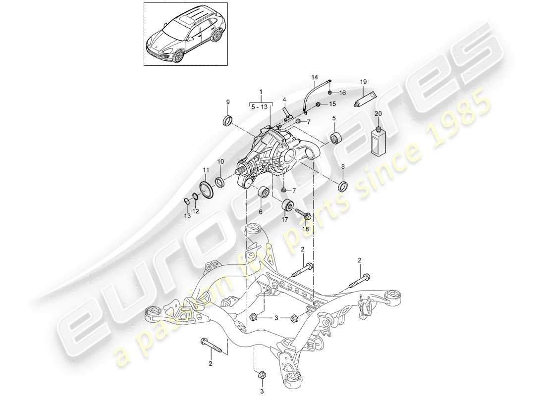 porsche 2016 (cayenne e2 92a) diagrama de piezas del diferencial del eje trasero