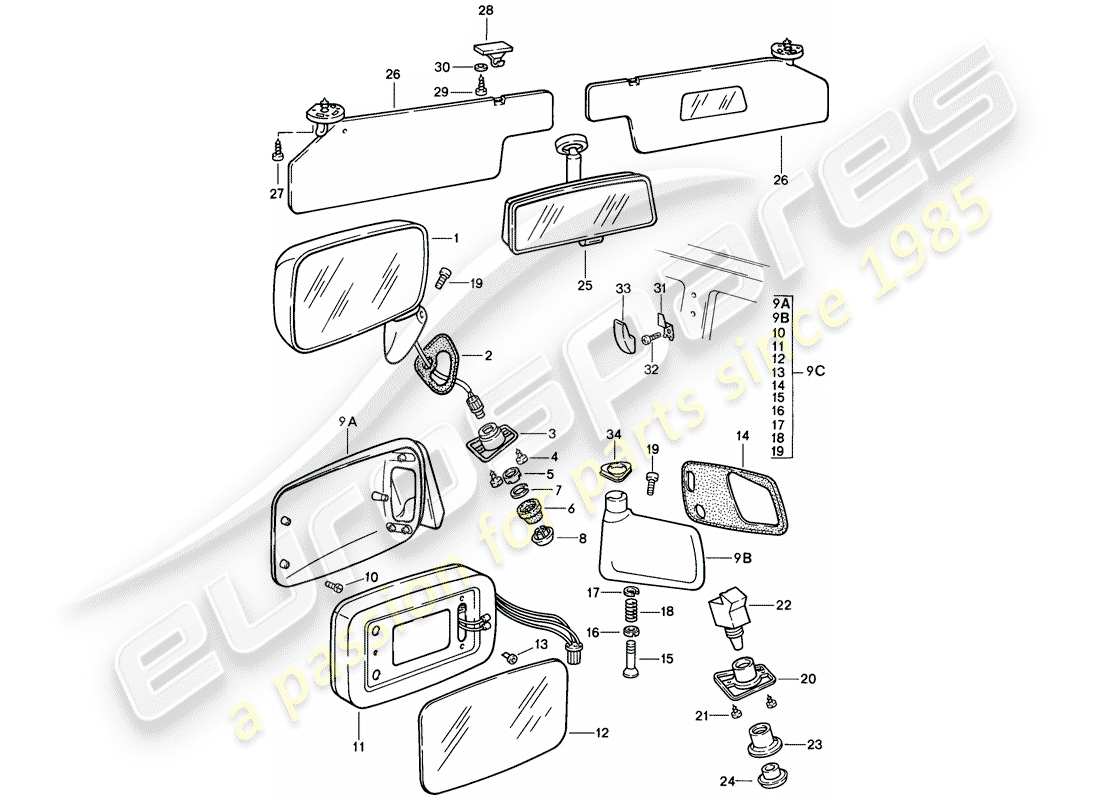 porsche 1986 (924s) espejo retrovisor - visera solar diagrama de piezas