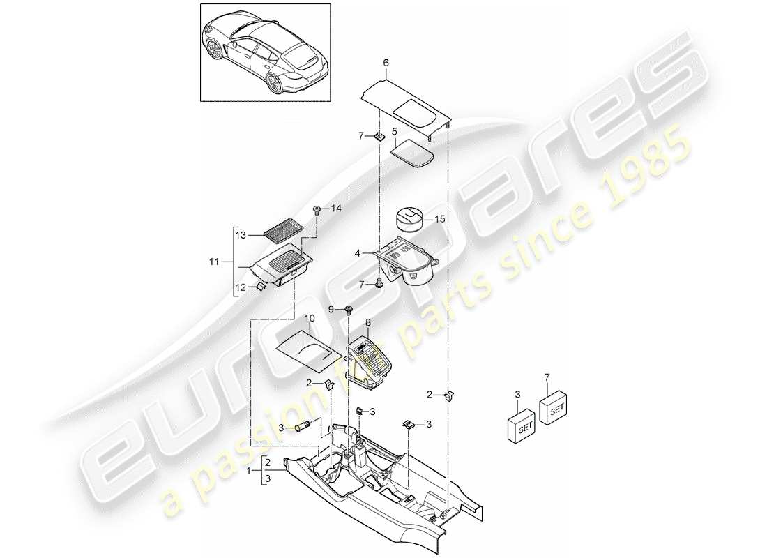 porsche 2015 (panamera 970) center console diagrama de piezas