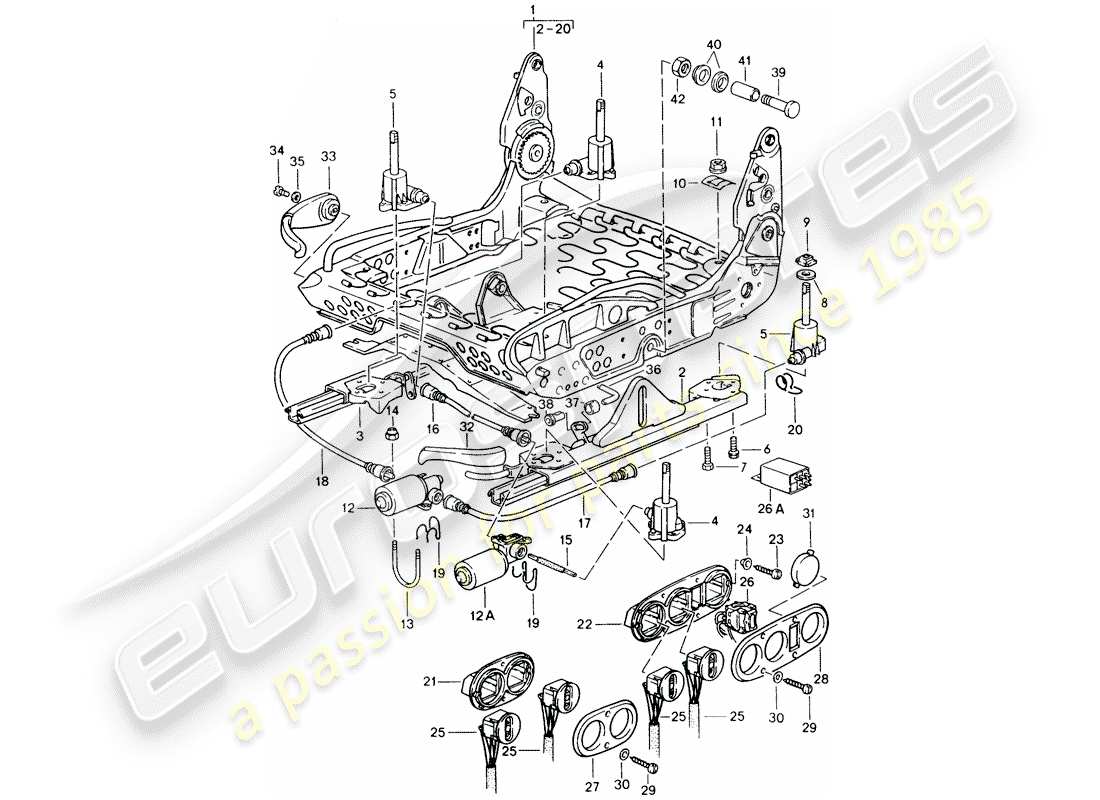 porsche 1986 (911) asiento deportivo - estructura para asiento diagrama de piezas
