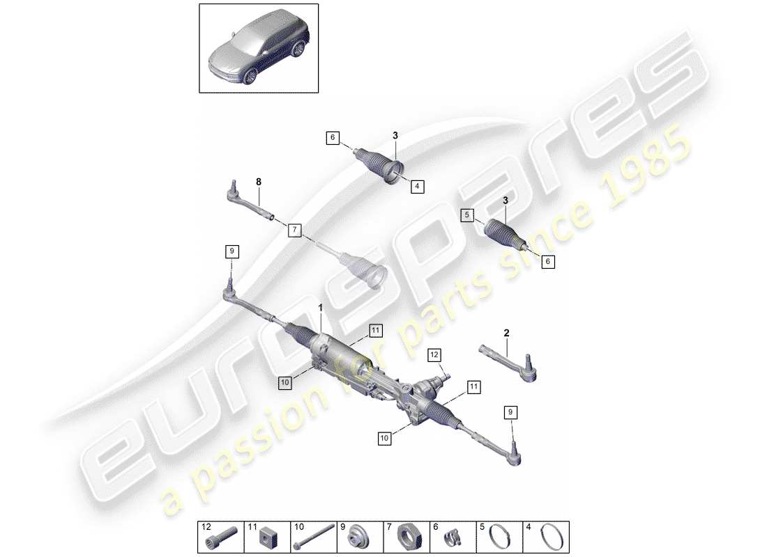 porsche 2020 (cayenne e3 9ya/9yb) diagrama de piezas del mecanismo de dirección