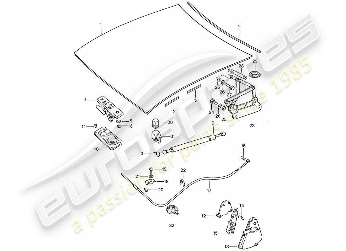 porsche 1988 (928) capó - piezas de instalación diagrama de piezas