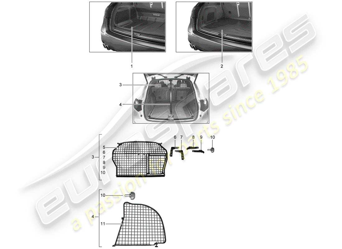 porsche 2012 (tequipment cayenne) revestimiento del maletero diagrama de piezas