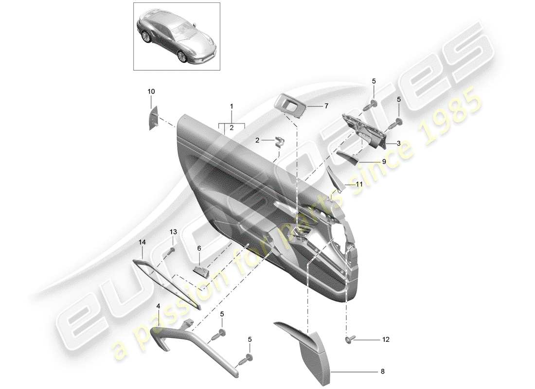 porsche 991 turbo (2019) diagrama de piezas del panel de puerta