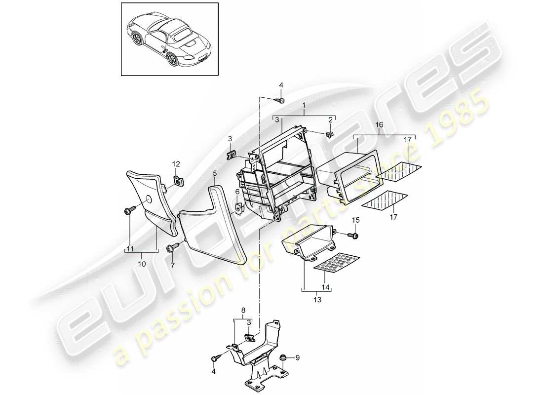 porsche 2009 (987 boxster) diagrama de piezas de la consola central