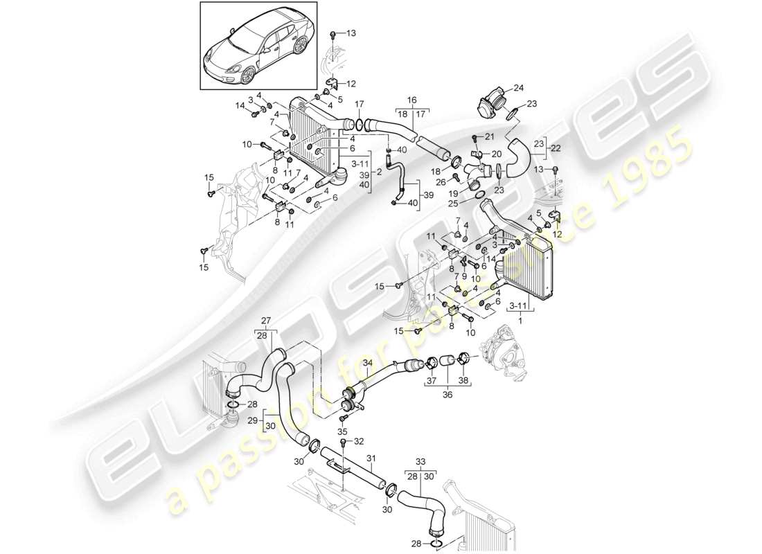 porsche 2010 (cayenne e1 9pa) tubo de presión del enfriador de aire de carga diagrama de piezas