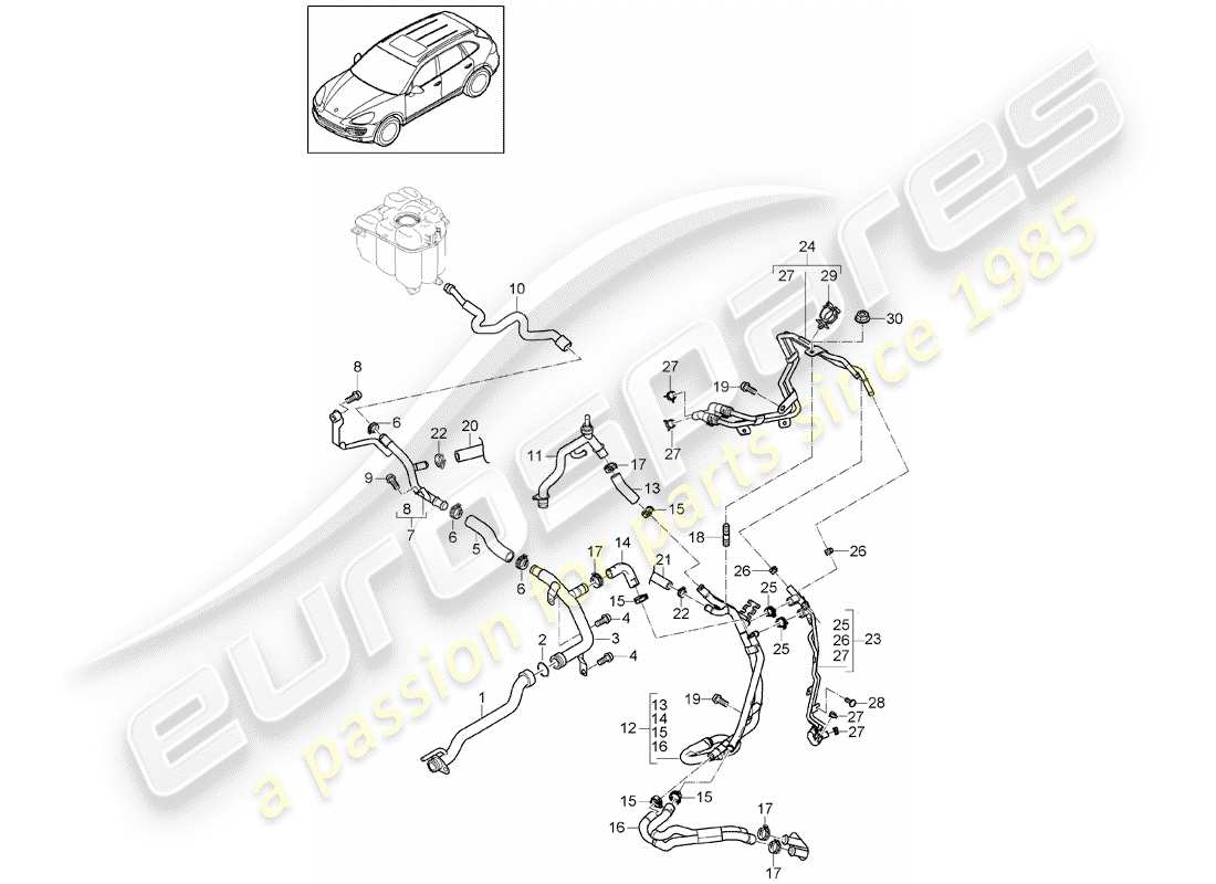 porsche 2011 (cayenne e2 92a) water cooling diagrama de piezas
