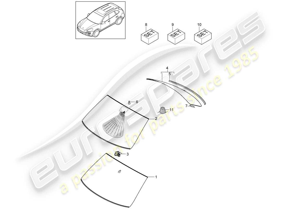 porsche 2016 (cayenne e2 92a) diagrama de piezas de vidrios para ventanas