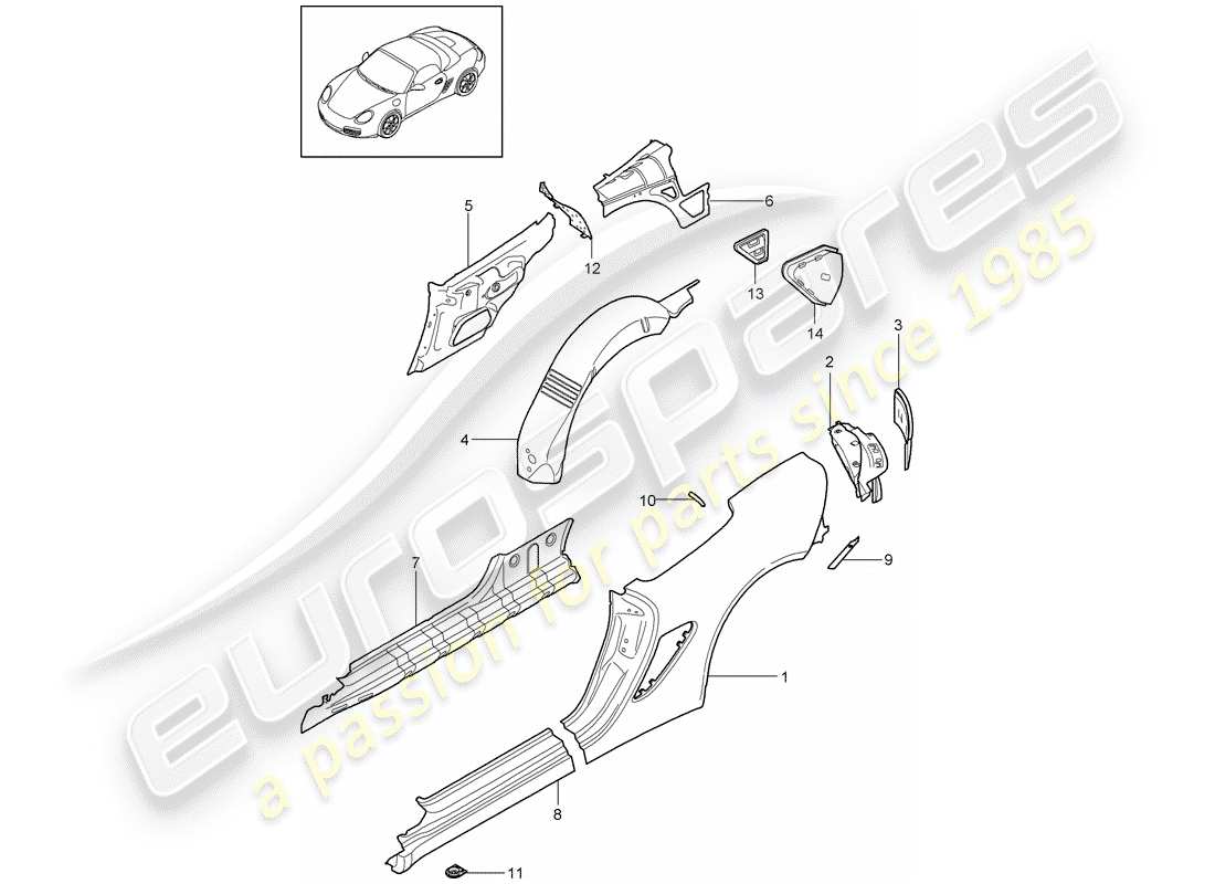 porsche 2011 (987 boxster) panel lateral diagrama de piezas