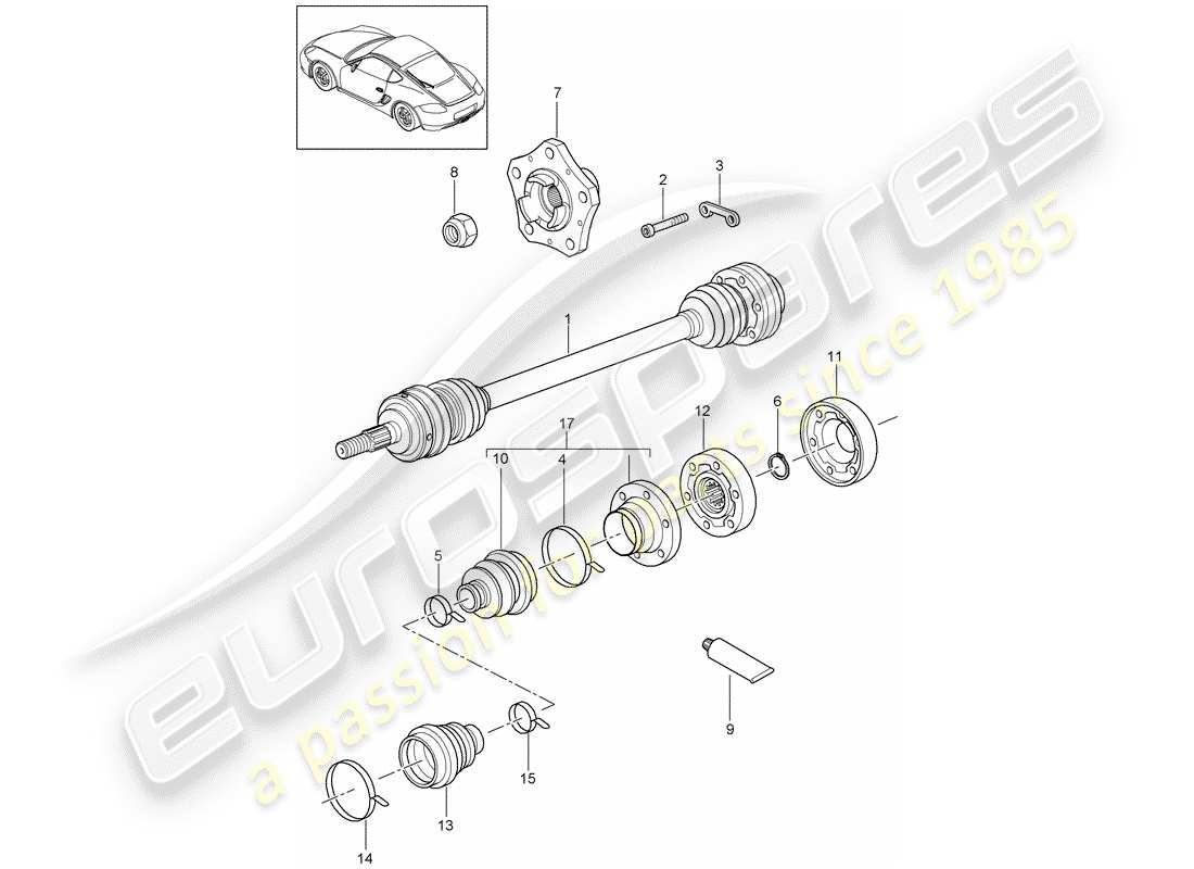 porsche 2009 (987 cayman) eje de accionamiento diagrama de piezas