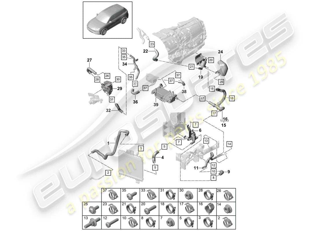 porsche 2020 (cayenne e3 9ya/9yb) diagrama de piezas de refrigeración por agua