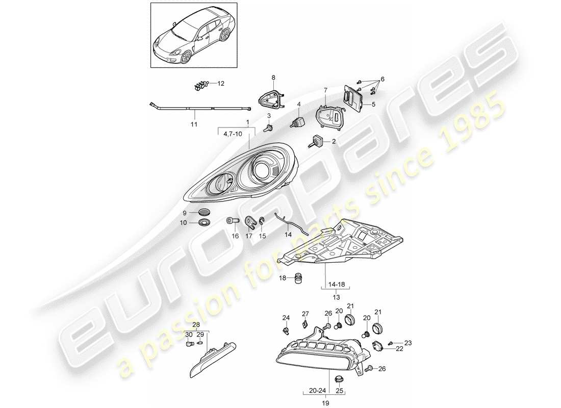 porsche 2011 (panamera 970) diagrama de piezas del faro