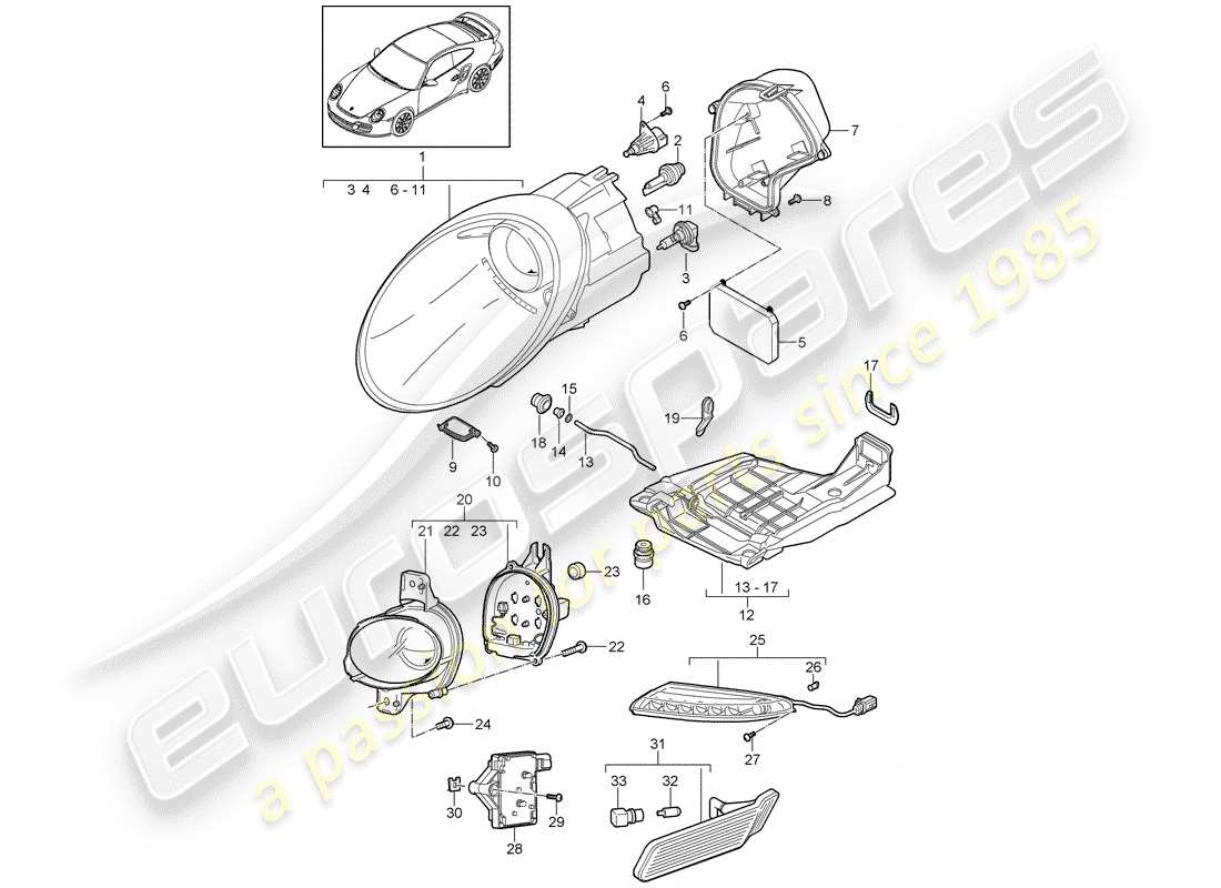 porsche 911 t/gt2rs (2011) diagrama de piezas del faro
