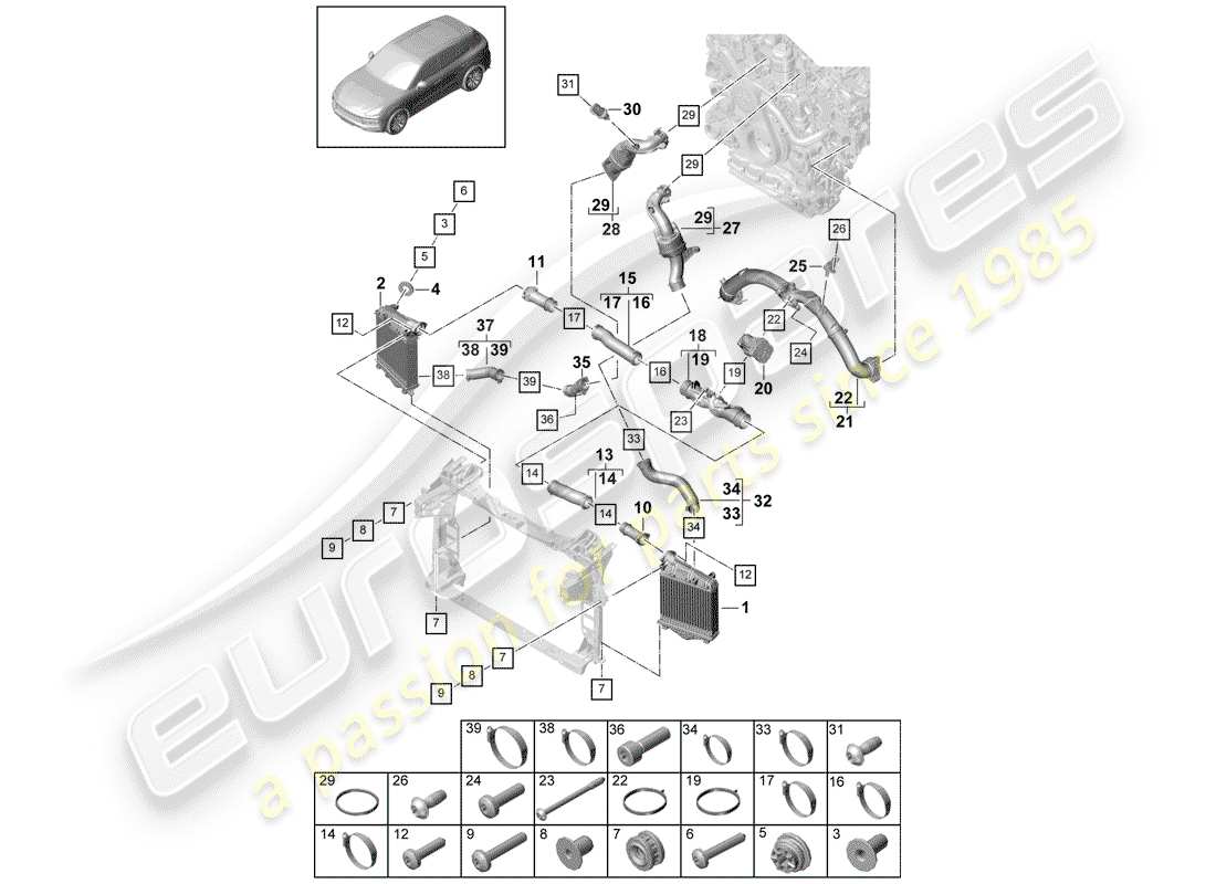 porsche 2020 (cayenne e3 9ya/9yb) diagrama de piezas del enfriador de aire de carga