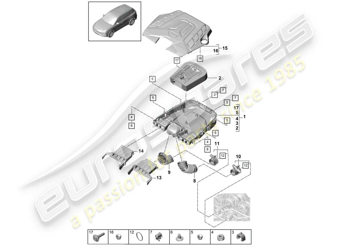 porsche 2018 (cayenne e3 9ya/9yb) filtro de aire con conexión diagrama de piezas