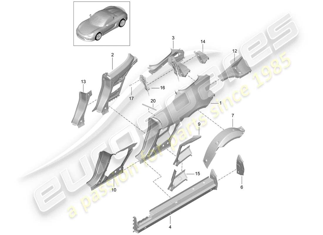 porsche 2016 (981 boxster spyder) diagrama de piezas del panel lateral